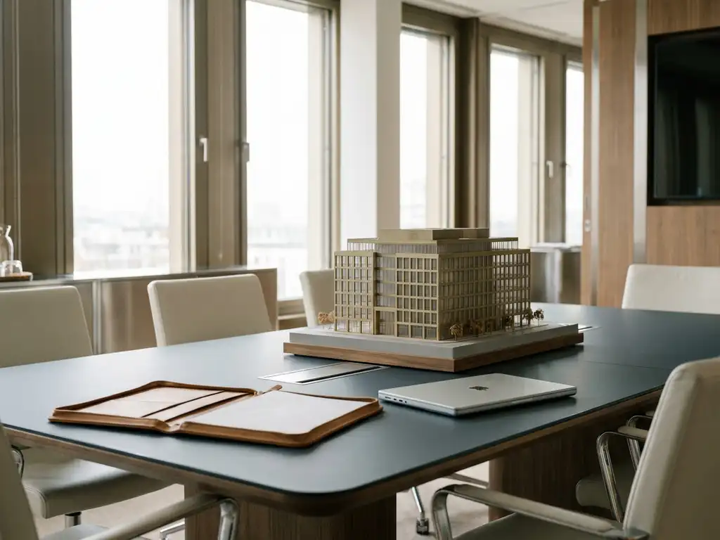 Moderner Konferenztisch mit geöffnetem Lederportfolio, Laptop und Architekturmodell eines Bürogebäudes im Tageslicht.