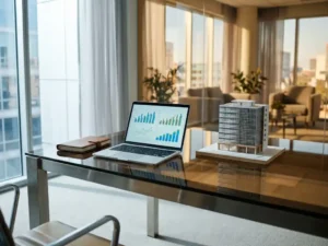 Glaskonferenztisch mit Laptop, Finanzkennzahlen, Ledernotizblock und Architekturmodell eines Bürogebäudes im Tageslicht.