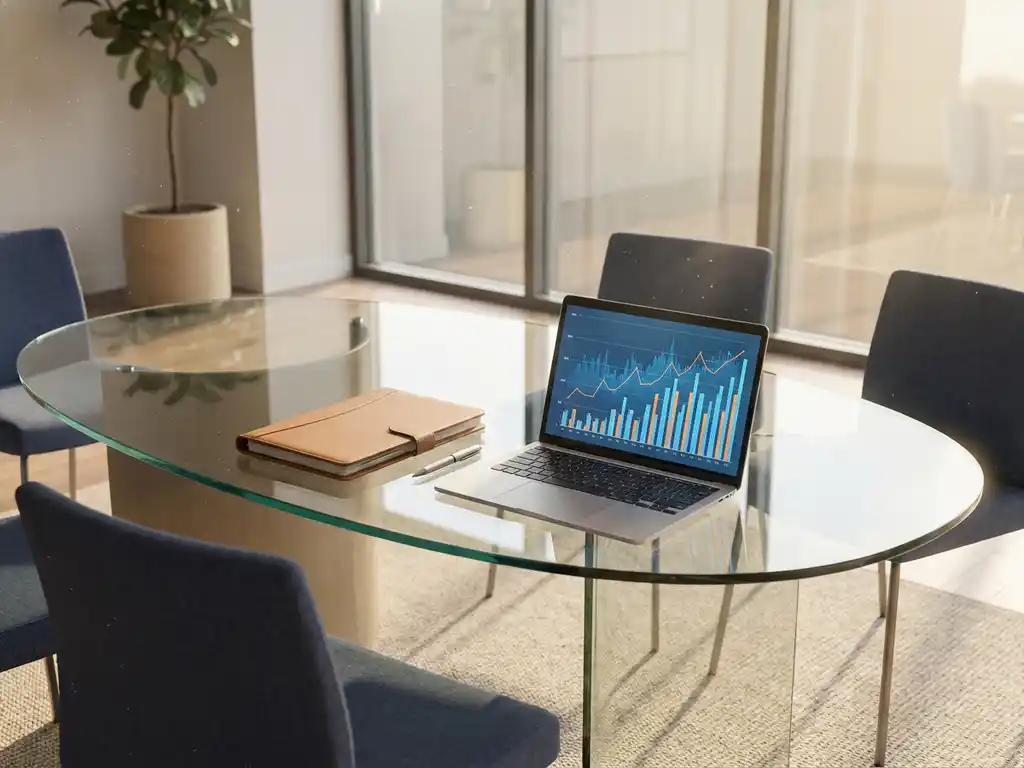 Moderner Glaskonferenztisch mit Leder-Portfolio, Stift und Laptop mit Finanzkennzahlen im Morgenlicht.