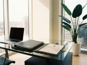 Gläserner Schreibtisch mit zwei Lederordnern, einem Organigramm und Laptop in modernem Büro mit natürlichem Tageslicht.
