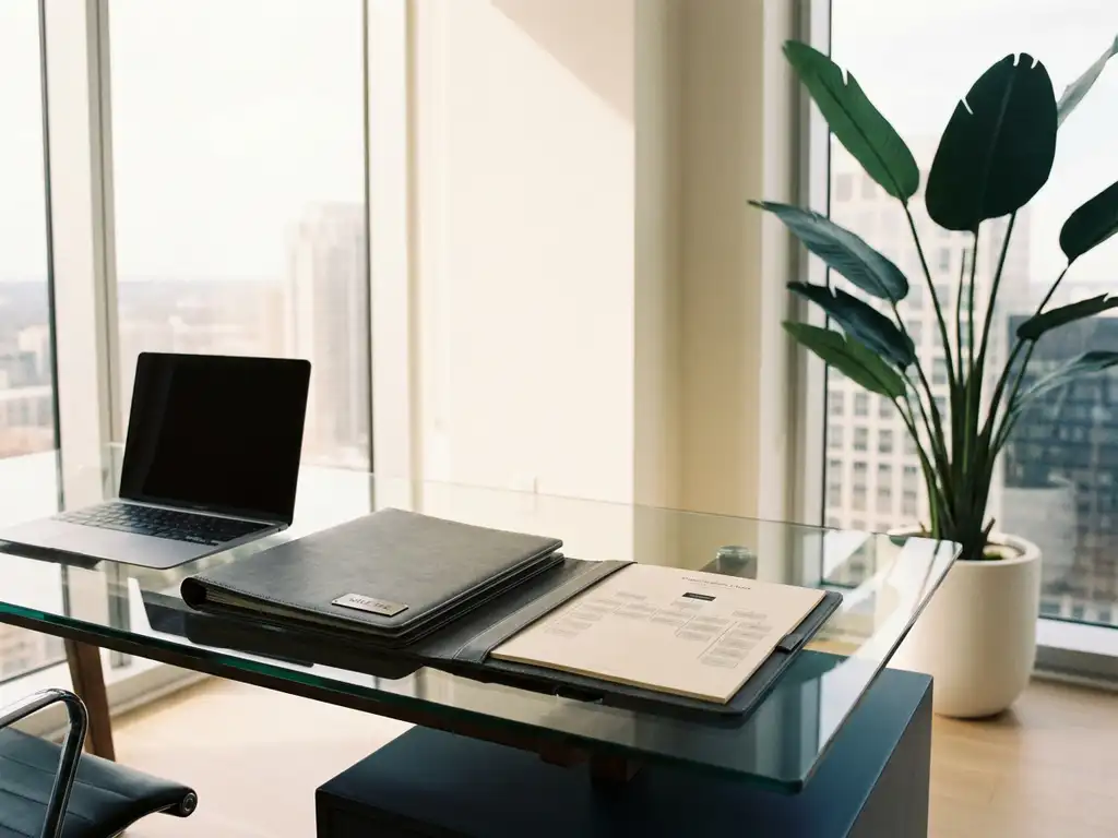 Gläserner Schreibtisch mit zwei Lederordnern, einem Organigramm und Laptop in modernem Büro mit natürlichem Tageslicht.