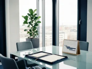 Moderner Konferenztisch aus Glas in einem Erfurter Büro mit offenem Lederportfolio, Kalender und Zimmerpflanze im Tageslicht.