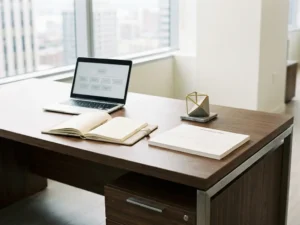 Moderner Schreibtisch mit offenem Planer, Organigramm, Laptop und geometrischem Objekt in natürlichem Fensterlicht.