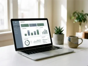Laptop mit Finanz-Dashboard auf weißem Schreibtisch neben Sukkulente und Keramikbecher im Tageslicht.