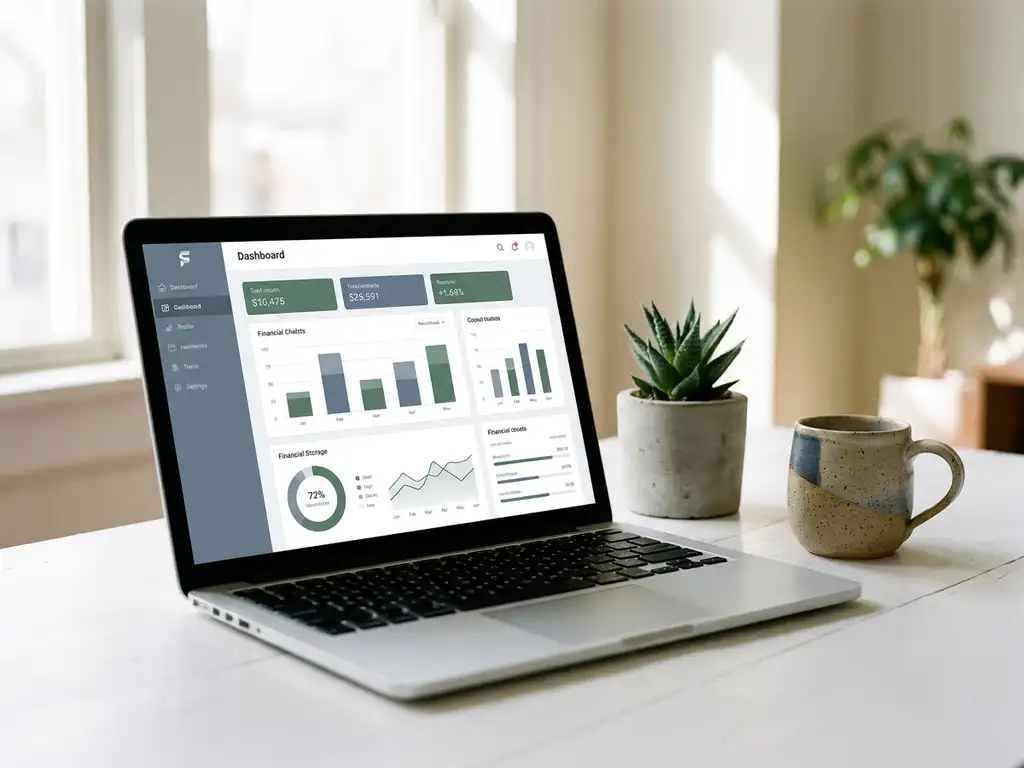 Laptop mit Finanz-Dashboard auf weißem Schreibtisch neben Sukkulente und Keramikbecher im Tageslicht.