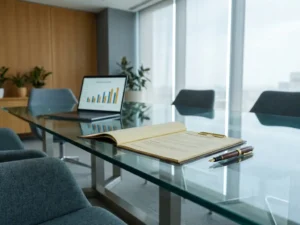 Gläserner Konferenztisch mit Finanzbericht, Füllfederhalter und Laptop mit Diagrammen in modernem Büro.