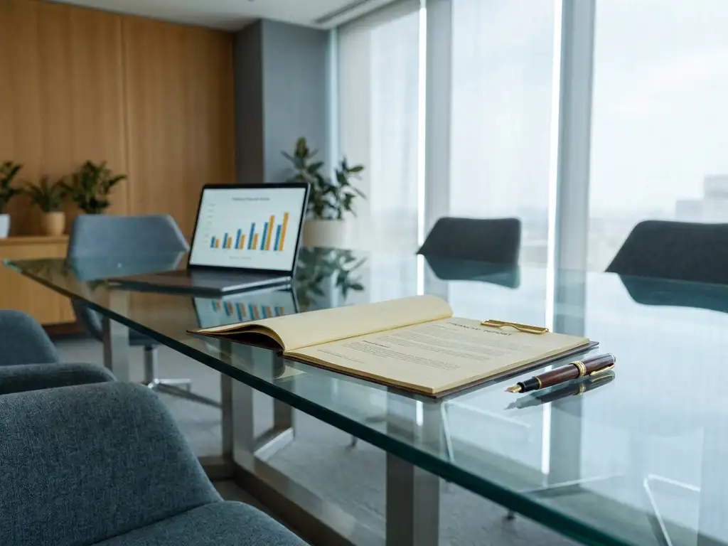 Gläserner Konferenztisch mit Finanzbericht, Füllfederhalter und Laptop mit Diagrammen in modernem Büro.