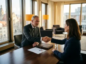 Führungskraft im Anzug gibt Unternehmensberater die Hand über Konferenztisch mit Kandidatenprofil, modernes Erfurter Büro.