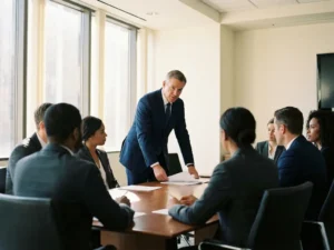 Erfahrene Führungskraft im Anzug leitet Boardroom-Meeting, prüft Dokumente im warmen Tageslicht vor Panoramafenstern.