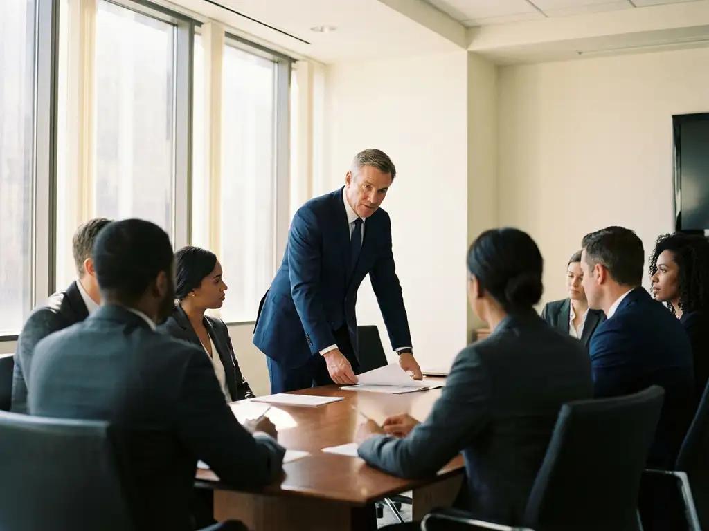 Erfahrene Führungskraft im Anzug leitet Boardroom-Meeting, prüft Dokumente im warmen Tageslicht vor Panoramafenstern.
