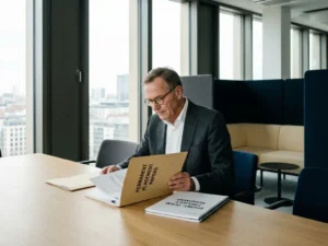 Erfahrener Manager im Anzug prüft Dokumente am Konferenztisch, darunter Unterlagen zur Festanstellung und Projektroadmap, modernes Büro mit Panoramafenstern.