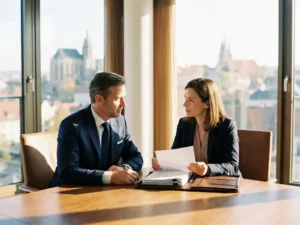 Erfahrener Manager im Anzug bespricht Kandidatenprofile mit HR-Beraterin am Konferenztisch, Ledermappe geöffnet, warmes Nachmittagslicht.