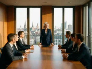 Leitende Führungskraft im Anzug am Konferenztisch, aufmerksame Kollegen, Büro mit Panoramablick auf deutsche Stadtsilhouette im Abendlicht.