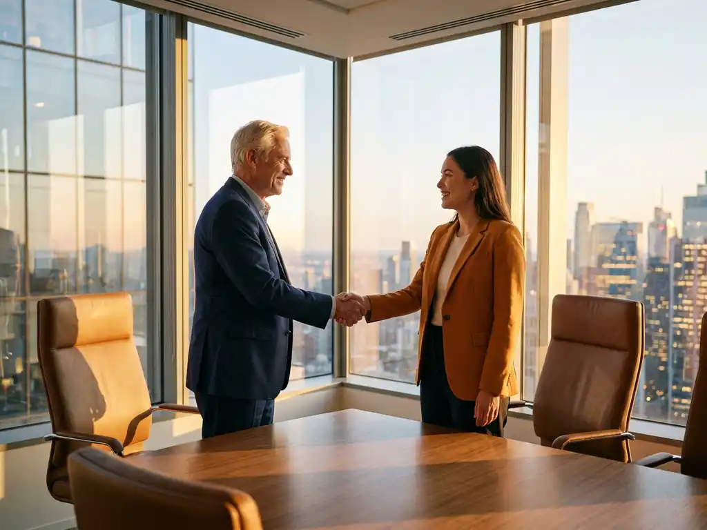 Leitender Manager gibt Nachfolger im modernen Konferenzraum mit Stadtpanorama die Hand, goldenes Nachmittagslicht.