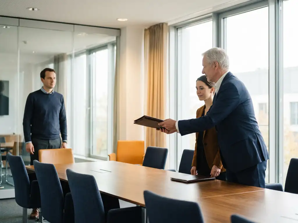 Erfahrener Manager übergibt Ledermappe an Nachfolger im modernen deutschen Büro, dritte Person im Hintergrund, warmes Tageslicht.