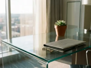 Moderner Glasschreibtisch mit einzelnem Schlüssel, Leder-Portfolio und Sukkulente in Gold- und Grautönen bei natürlichem Tageslicht.