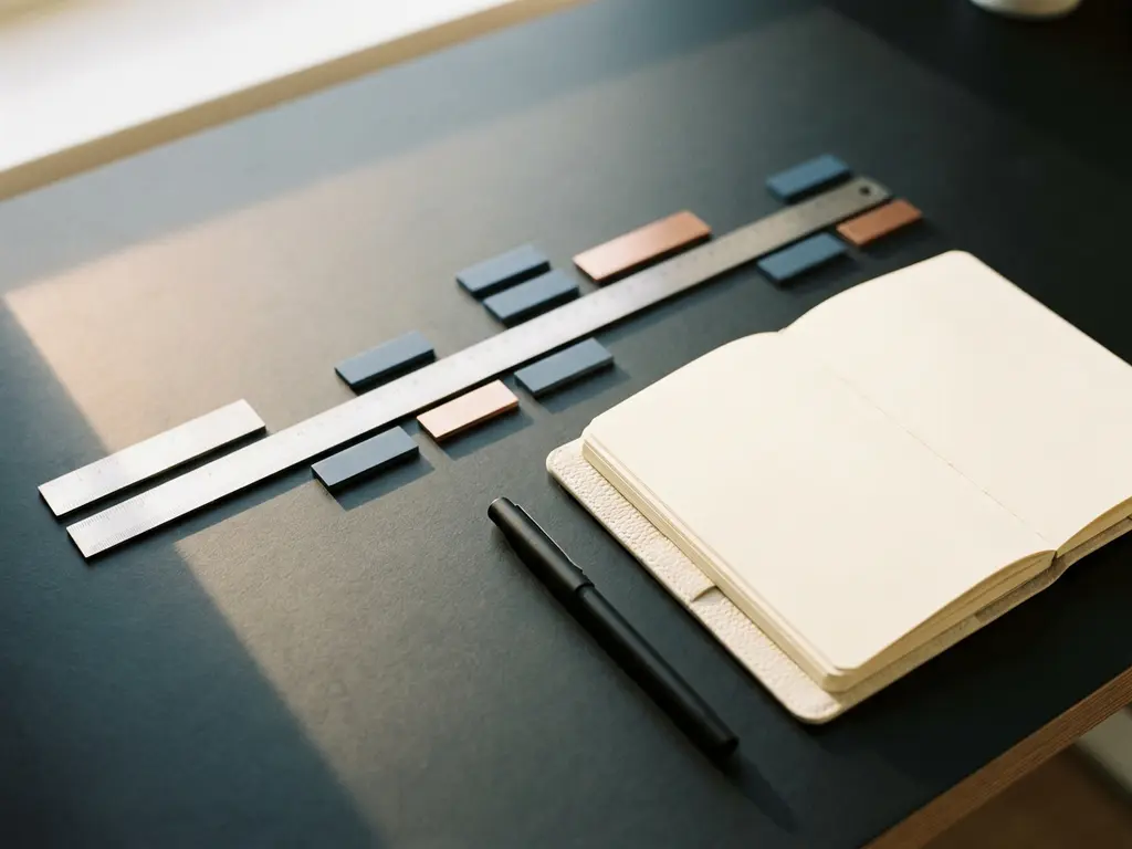 Minimalistischer Schreibtisch mit Metalllinealen als Zeitstrahl, offenem Notizbuch und mattschwarzem Stift im sanften Morgenlicht.