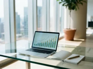Laptop mit Finanzdiagrammen auf einem Glasschreibtisch im modernen Büro, Notizbuch und Stift daneben, natürliches Tageslicht.