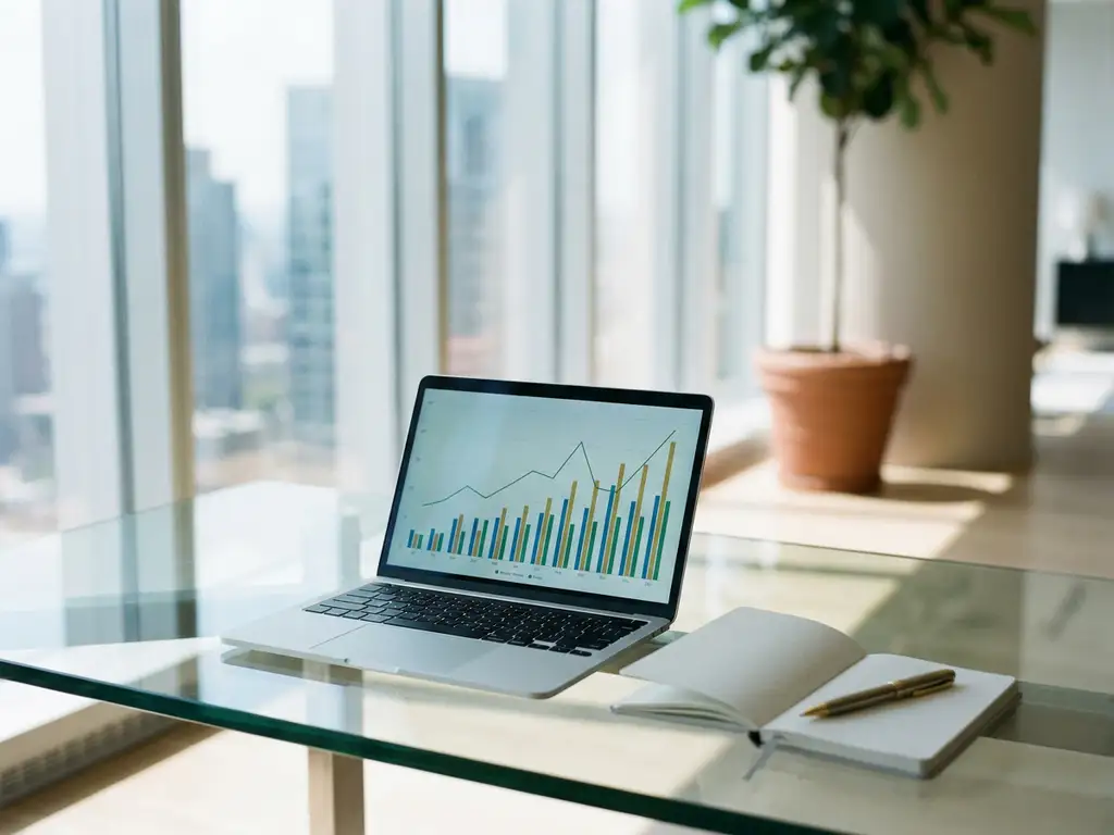 Laptop mit Finanzdiagrammen auf einem Glasschreibtisch im modernen Büro, Notizbuch und Stift daneben, natürliches Tageslicht.