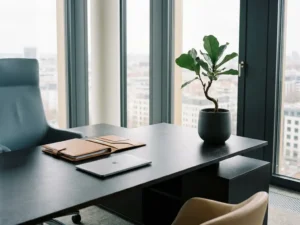Moderner Schreibtisch mit offenem Lederportfolio, minimalistischem Laptop und Zimmerpflanze im deutschen Büro mit natürlichem Lichteinfall.