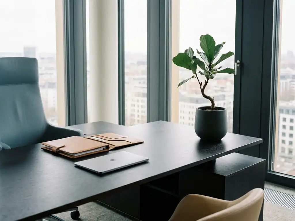 Moderner Schreibtisch mit offenem Lederportfolio, minimalistischem Laptop und Zimmerpflanze im deutschen Büro mit natürlichem Lichteinfall.