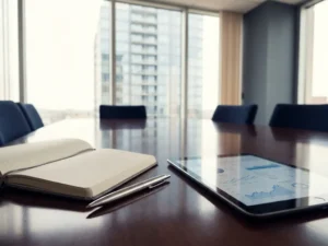 Modernes Glas-Stahl-Bürogebäude spiegelt sich in poliertem Konferenztisch, daneben eleganter Stift, Notizbuch und Tablet mit Diagrammen.