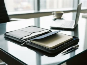 Aufgeschlagenes Leder-Portfolio mit Stift auf Glasschreibtisch, Laptop im Hintergrund, natürliches Bürolicht.