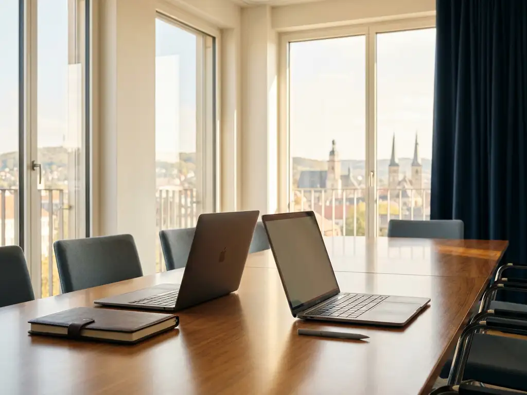 Moderner Konferenztisch mit zwei Laptops und Notizbuch vor großen Fenstern mit Thüringer Stadtpanorama im Tageslicht.