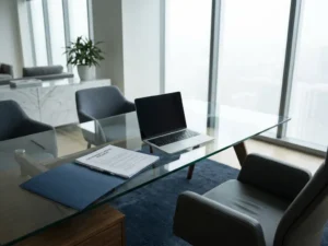 Gläserner Schreibtisch mit geöffnetem Nachfolgeplanungs-Ordner, Laptop und leerem Ledersessel im modernen Büro mit Tageslicht.