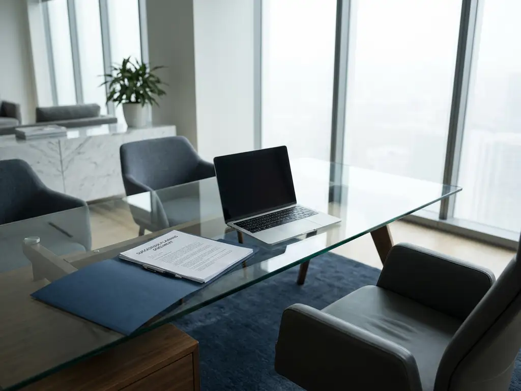 Gläserner Schreibtisch mit geöffnetem Nachfolgeplanungs-Ordner, Laptop und leerem Ledersessel im modernen Büro mit Tageslicht.