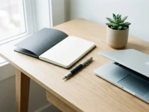 Aufgeklapptes Notizbuch mit Füllfederhalter auf hellem Eichenholzschreibtisch neben Laptop und kleiner Sukkulente im Tageslicht.