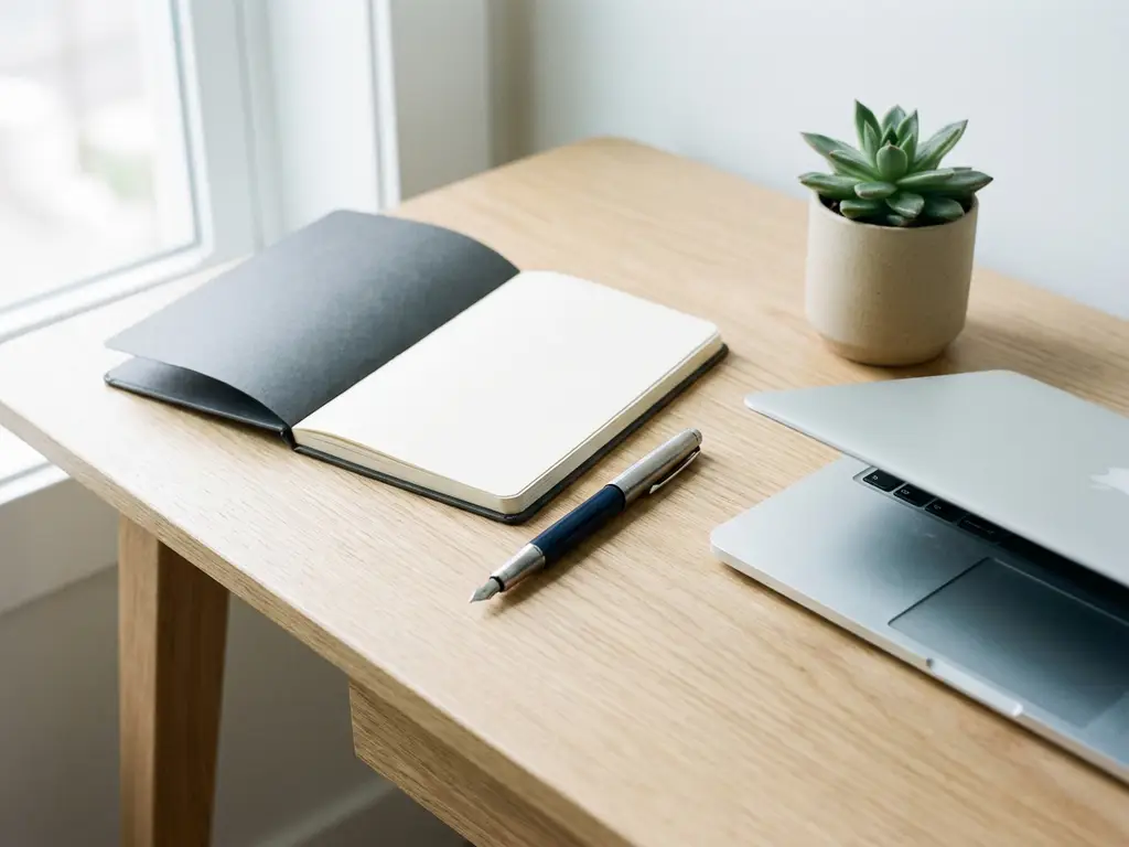 Aufgeklapptes Notizbuch mit Füllfederhalter auf hellem Eichenholzschreibtisch neben Laptop und kleiner Sukkulente im Tageslicht.