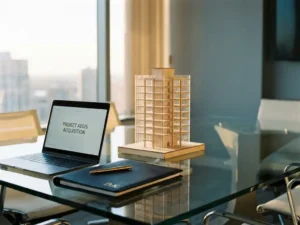 Gläserner Konferenztisch mit aufgeklapptem Laptop, Ledermappe und Architekturmodell eines modernen Bürogebäudes in Marine und Gold.