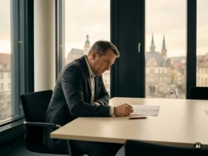 Erfahrener Headhunter im Anzug prüft Executive-Profil am minimalistischen Schreibtisch, Thüringer Stadtpanorama im Hintergrund.