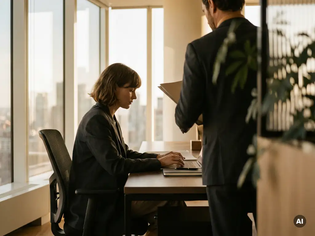 Berufstätige Person arbeitet konzentriert am modernen Schreibtisch, während sich ein Headhunter von hinten nähert, Büro mit Stadtblick.