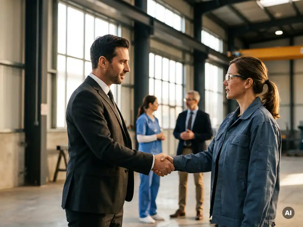 Führungskraft und Fabrikmanager beim Handschlag in moderner Industriehalle, Arzt und Finanzexperte im Hintergrund.