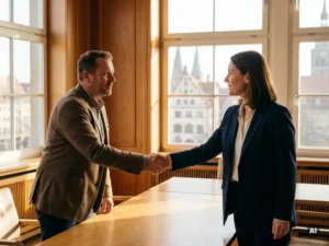 Geschäftsleute geben sich im Boardroom die Hand, Blick auf deutsche Stadtsilhouette, warmes Nachmittagslicht.