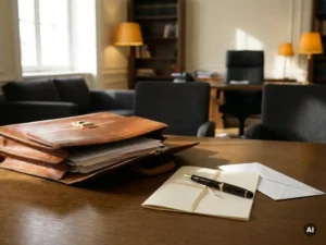 Offene Ledertasche auf Eichenholzschreibtisch mit Füllfederhalter, gefaltetem Vertrag und weißem Umschlag im warmen Bürolicht.