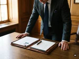 Recruiter im Anzug vergleicht Kandidatenmappe und handschriftliche Notizen in zwei Lederportfolios auf dunklem Eichenholzschreibtisch.