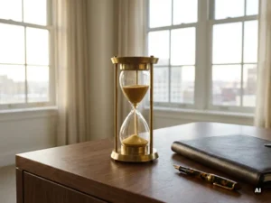 Goldene Sanduhr auf einem Schreibtisch mit Ledermappe und Füllfeder, warmes Morgenlicht, Executive-Büro.