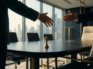 Goldener Schachkönig auf dunklem Konferenztisch mit verschwommener Stadtsilhouette hinter Glasfassade.